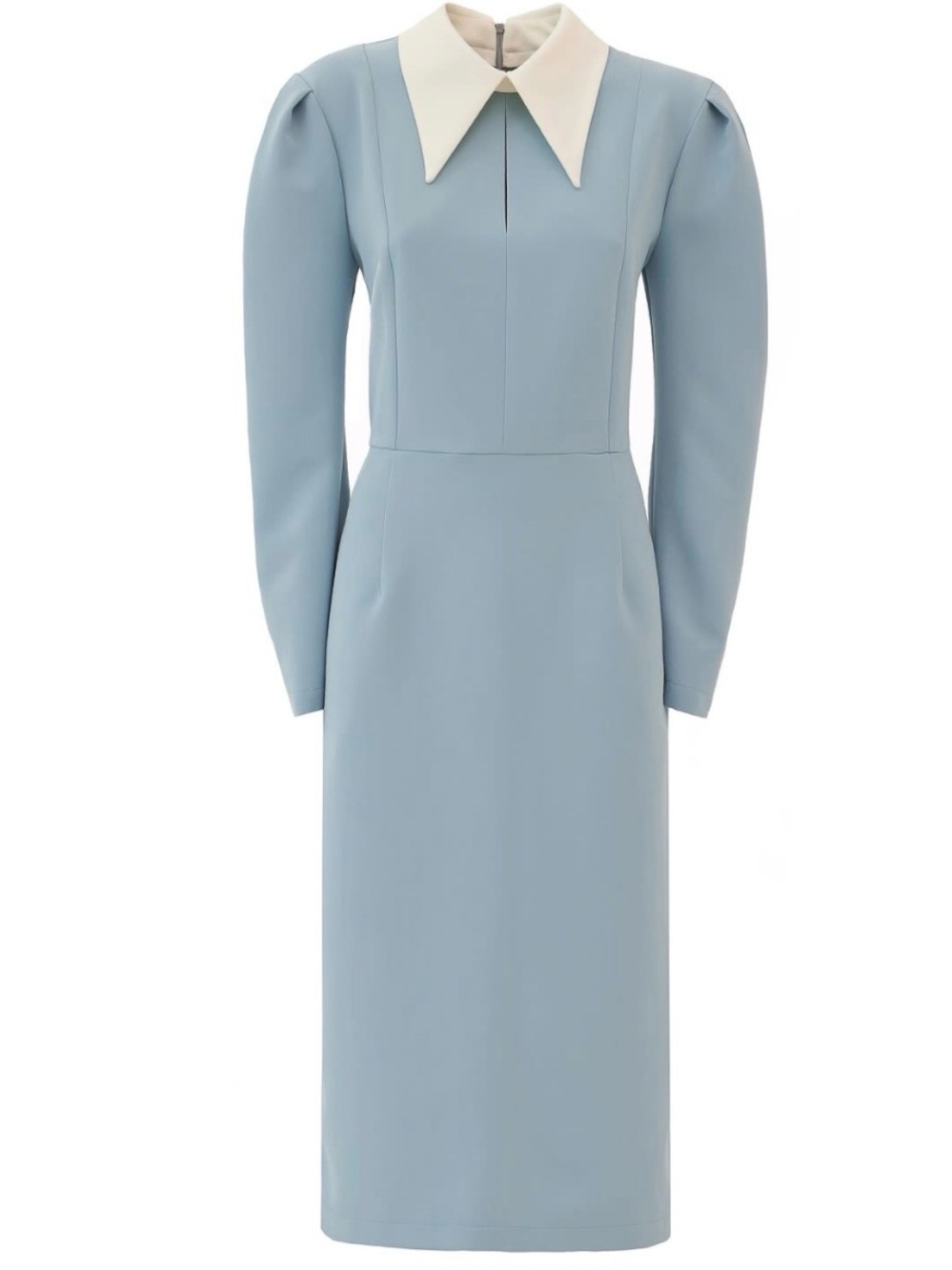 Women's Long Sleeve Light Blue Dress with White Pointed Collar